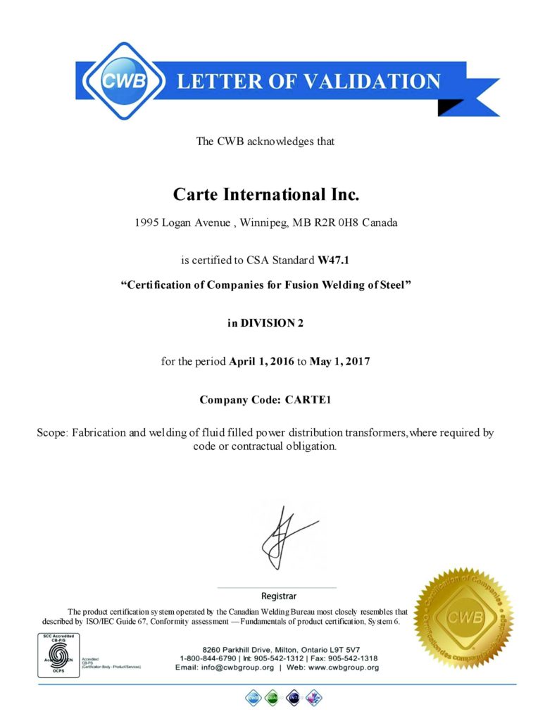 CWB – Certificate 2017 | Carte International Inc.